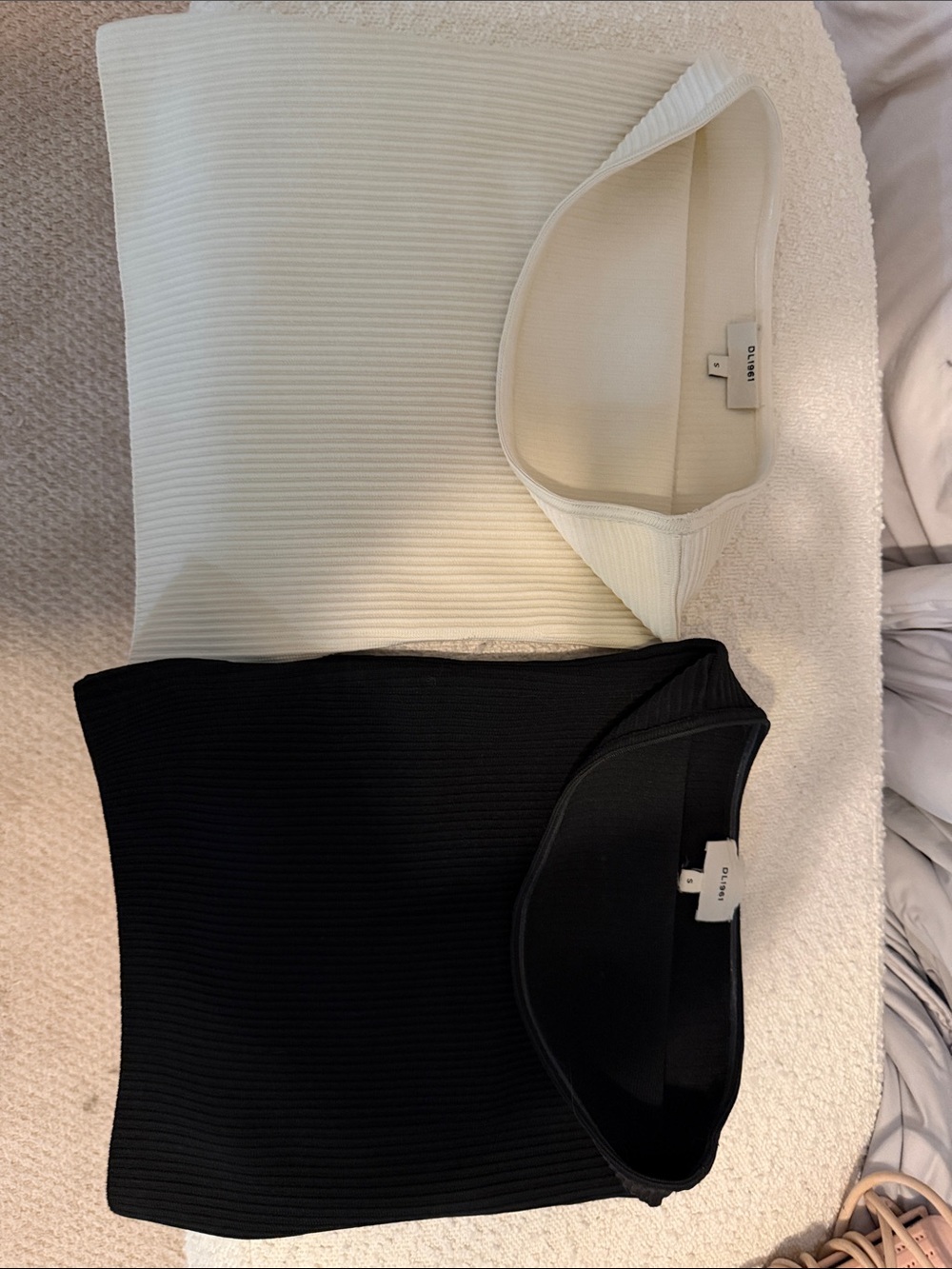 2 DL1961 Ivory and Black Ribbed Square-Neck Top